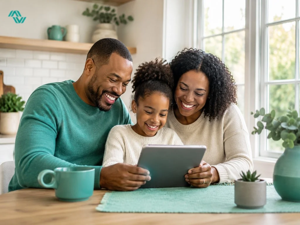 Happy family reviewing their loan options together on a tablet at home