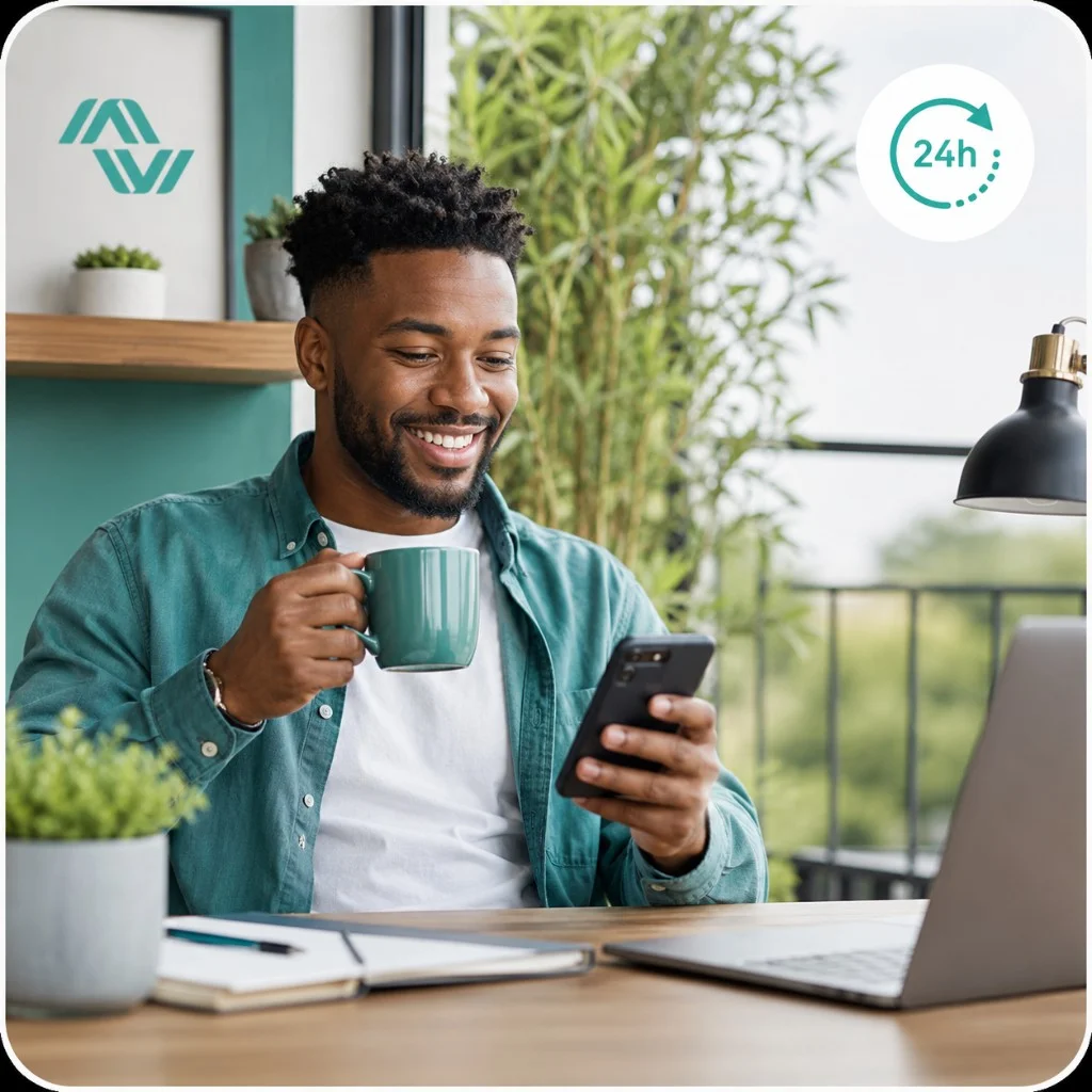 Smiling man at home checking his loan status on his phone with a coffee