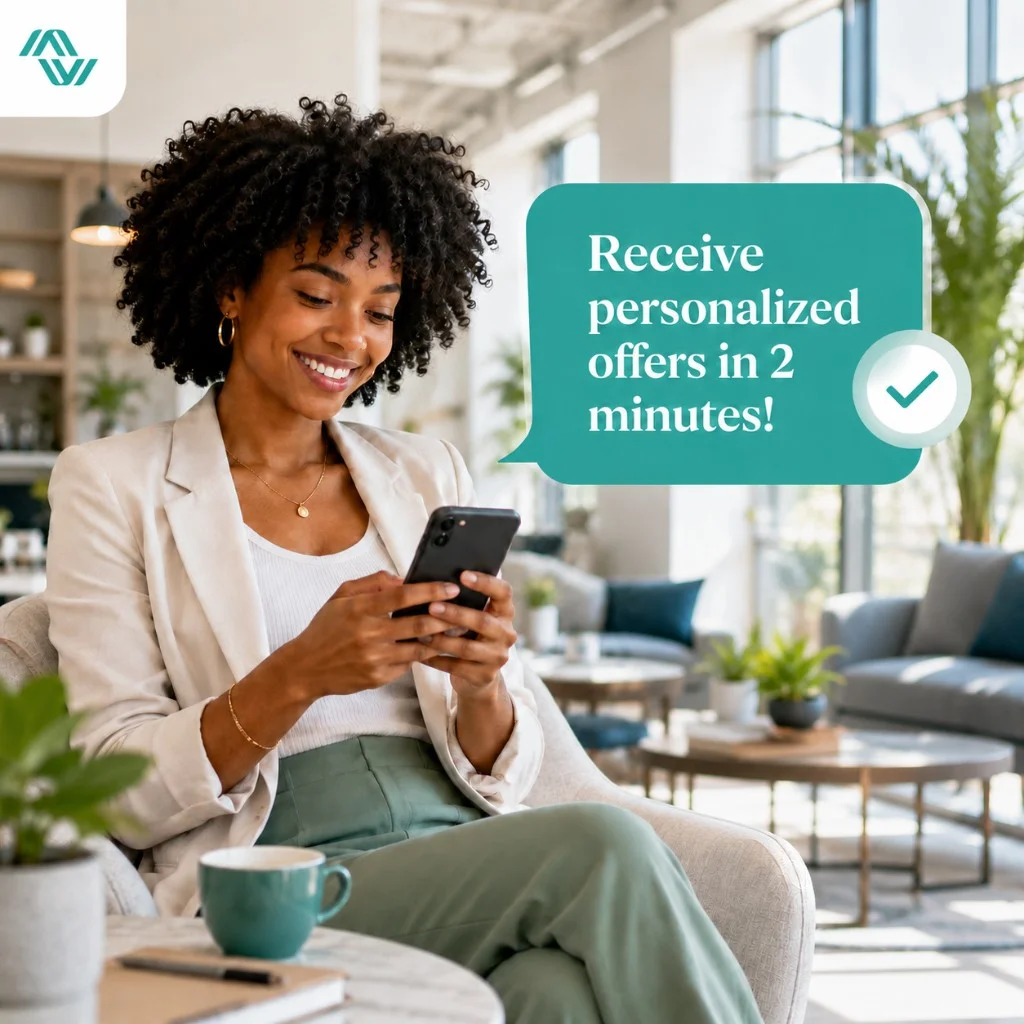 Smiling woman checking personalized loan offers on her phone